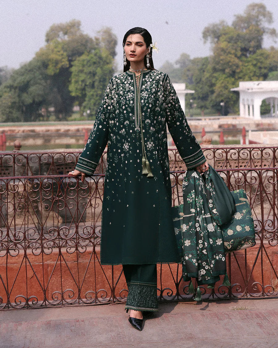 Jugnu Lahore Bita deep green khaddar embroidered stitched winter suit with printed wool shawl – 3pc outfit.