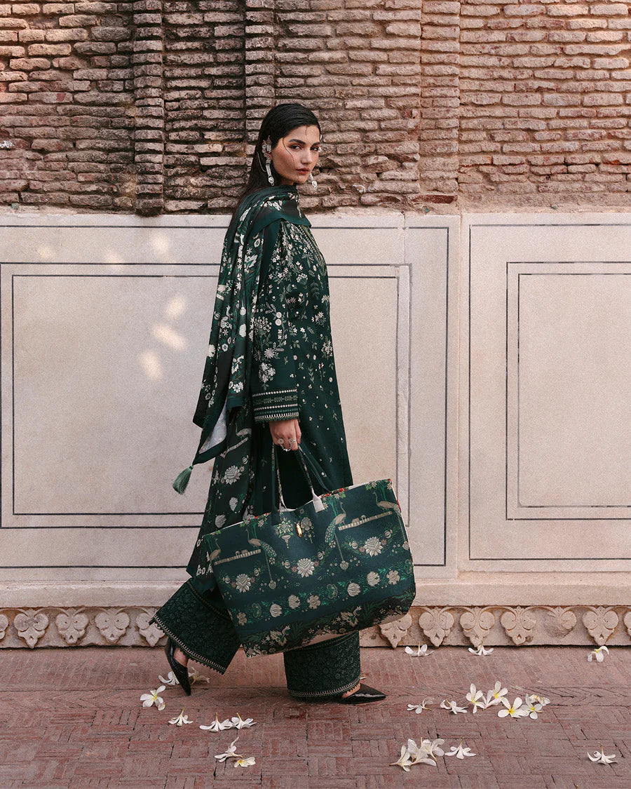 Jugnu Lahore Bita deep green khaddar embroidered stitched winter suit with printed wool shawl – 3pc outfit.