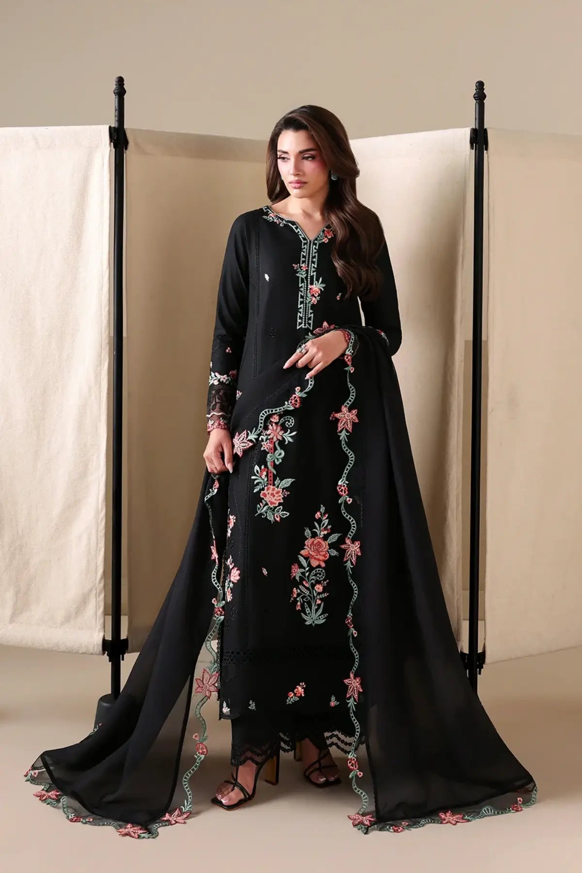 Black Peony by Azure deep black embroidered lawn stitched 3PC suit with viscose silk dupatta and matching trousers
