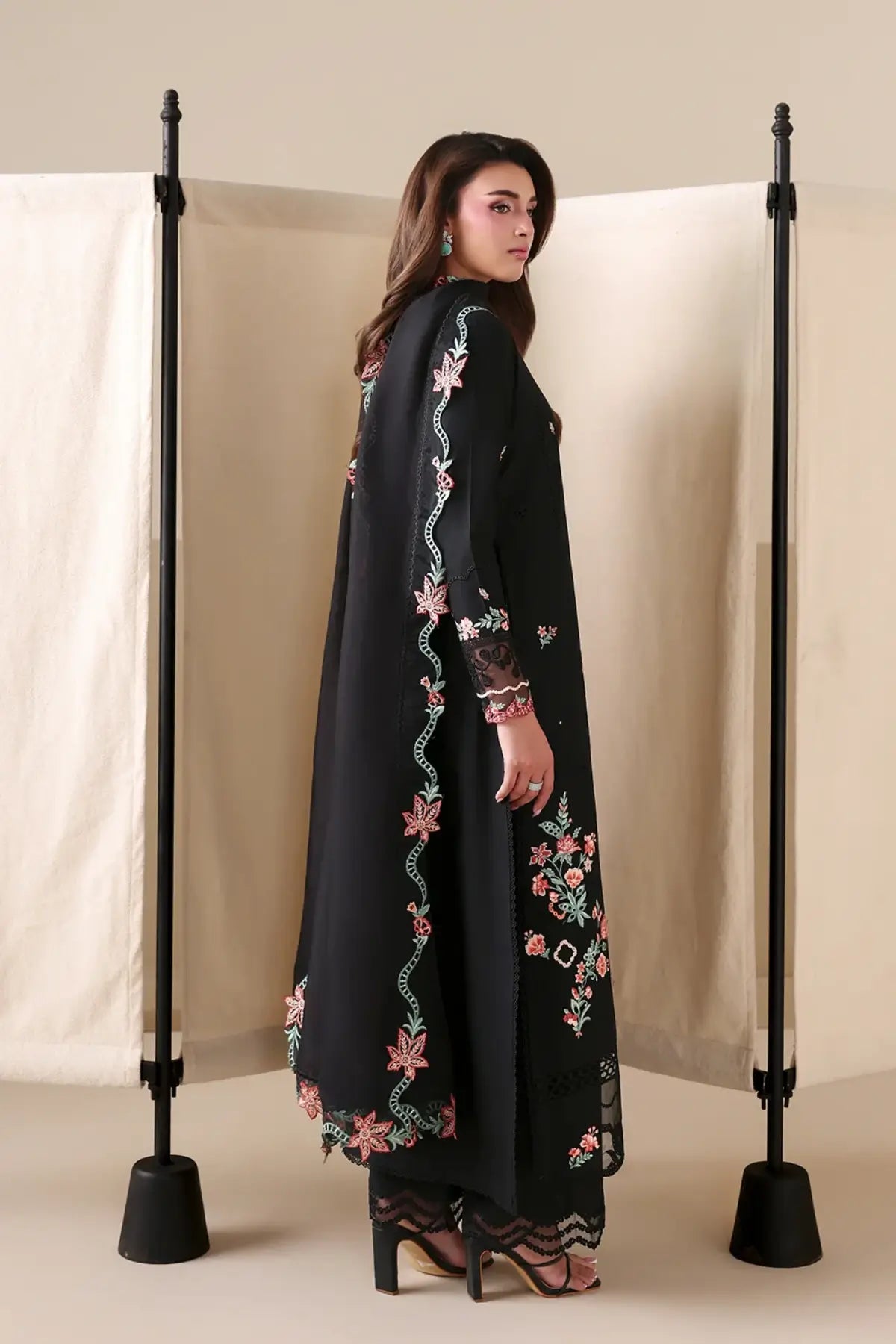 Black Peony by Azure deep black embroidered lawn stitched 3PC suit with viscose silk dupatta and matching trousers
