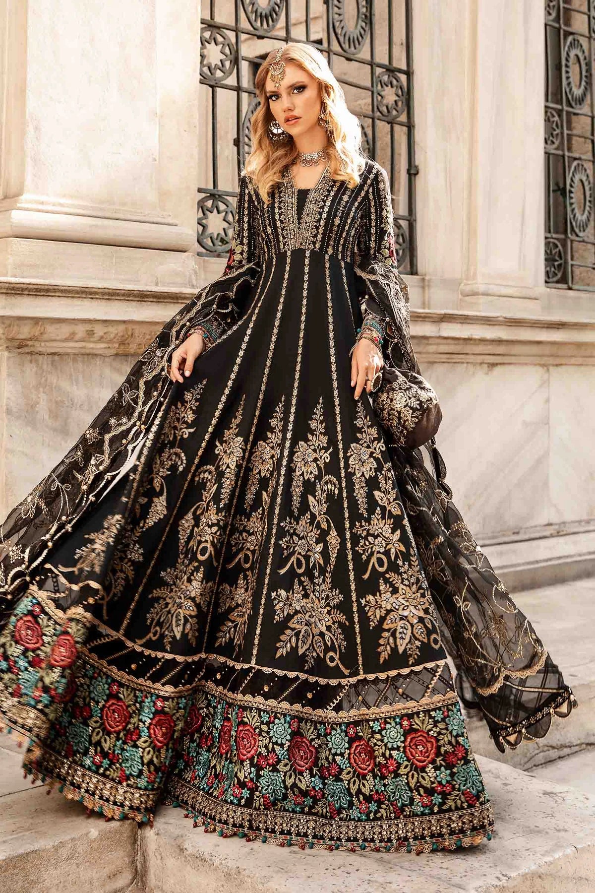 Black Embroidered Cotton Satin Suit By Maria B