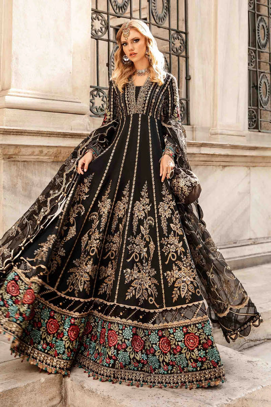 Black Embroidered Cotton Satin Suit By Maria B