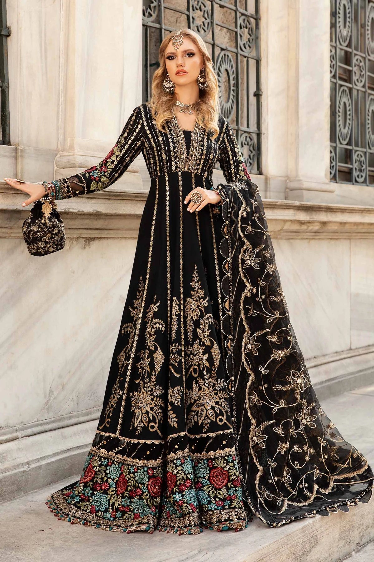 Black Embroidered Cotton Satin Suit By Maria B