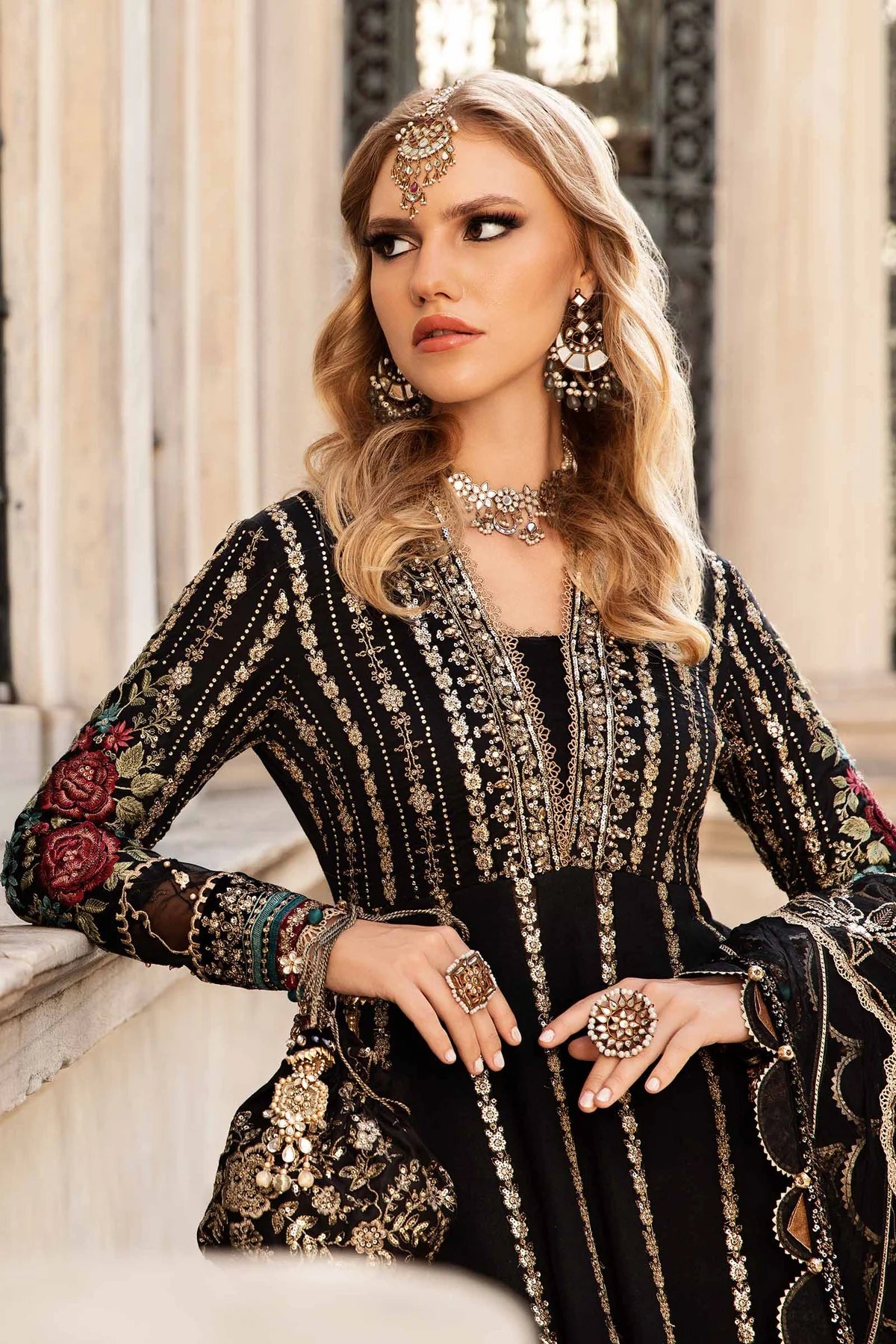 Black Embroidered Cotton Satin Suit By Maria B