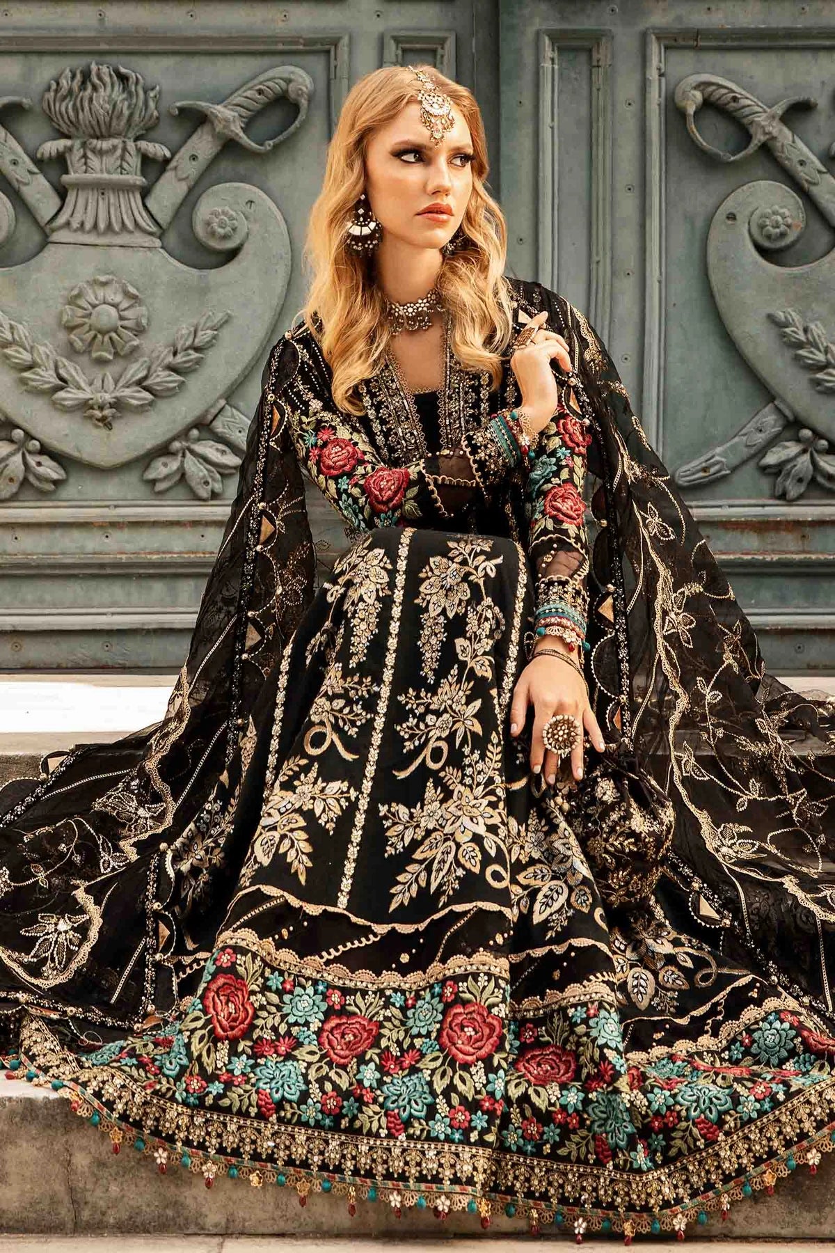 Black Embroidered Cotton Satin Suit By Maria B