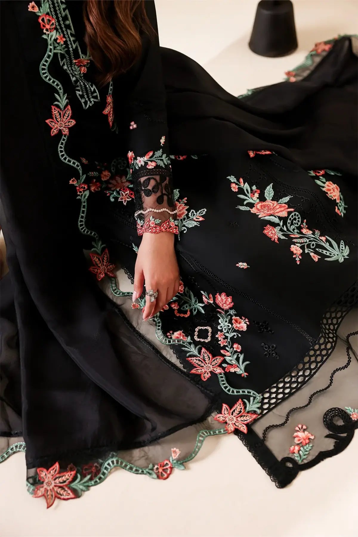 Black Peony by Azure deep black embroidered lawn stitched 3PC suit with viscose silk dupatta and matching trousers