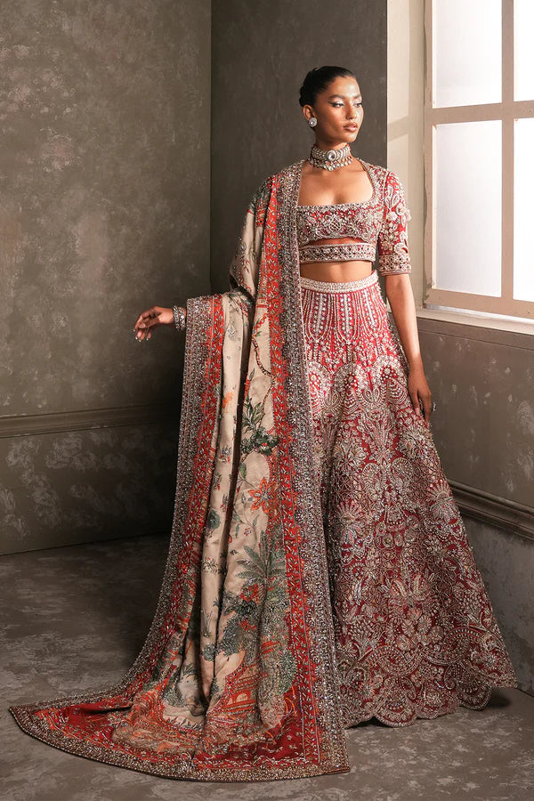 Luxury Pakistani bridal ensemble for Canadian brides in gold silk tissue and organza, hand-embellished with zari, naqshi, dabka, mirror work, mukesh, cutwork, and 3D detailing.