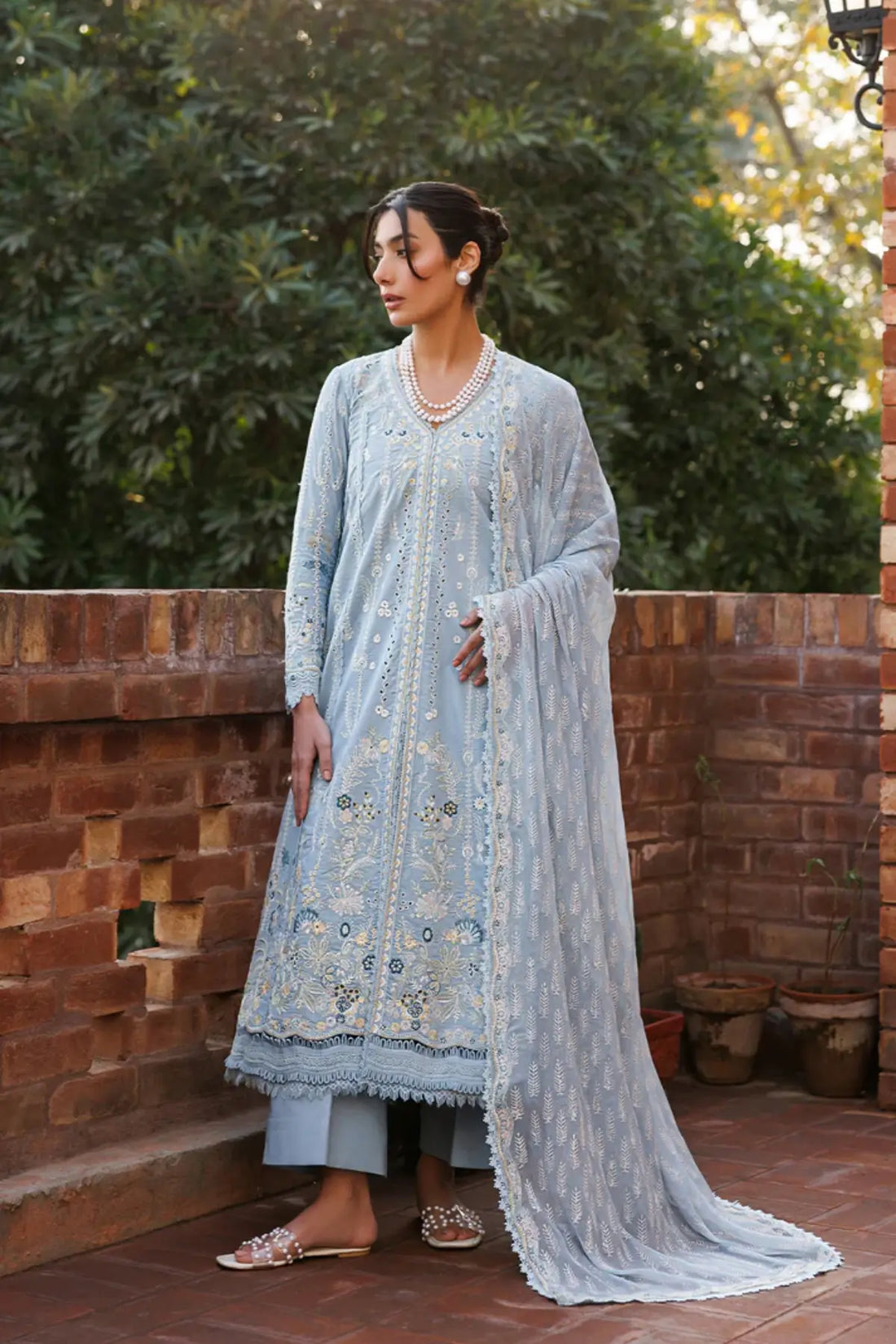 Blissful Dreams Emaan Adeel blue embroidered lawn stitched 3PC suit with chiffon block print dupatta