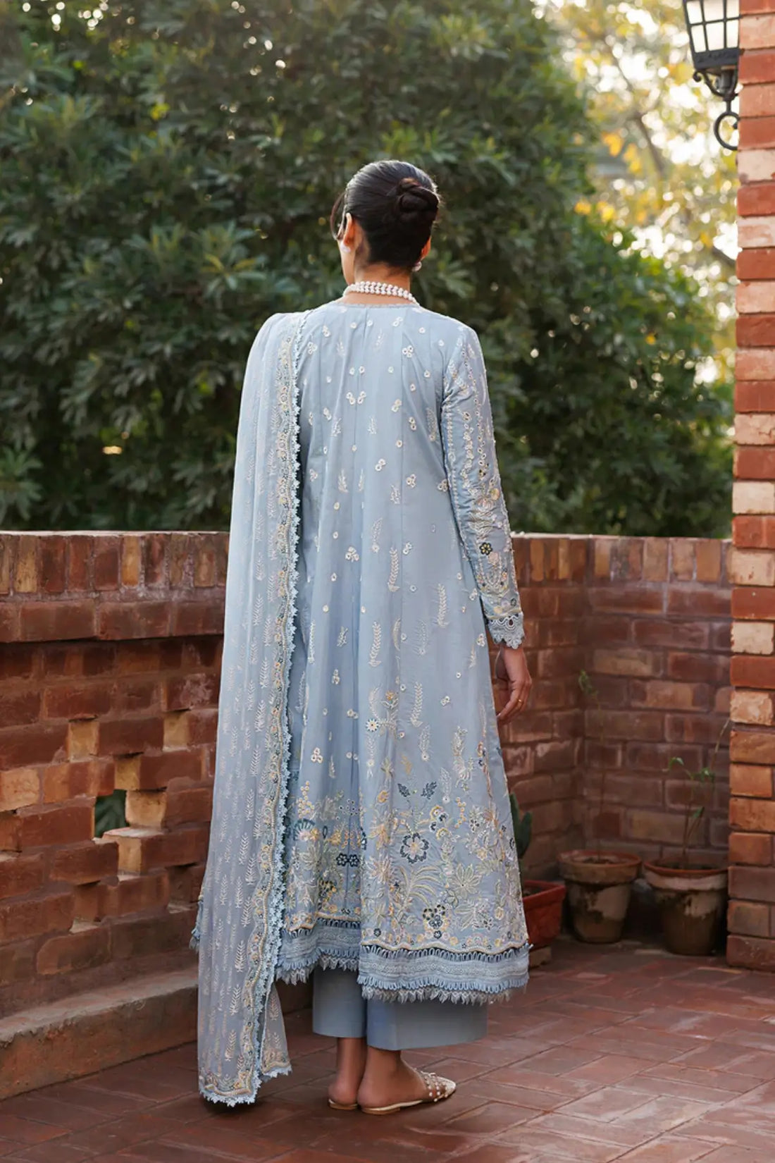 Blissful Dreams Emaan Adeel blue embroidered lawn stitched 3PC suit with chiffon block print dupatta