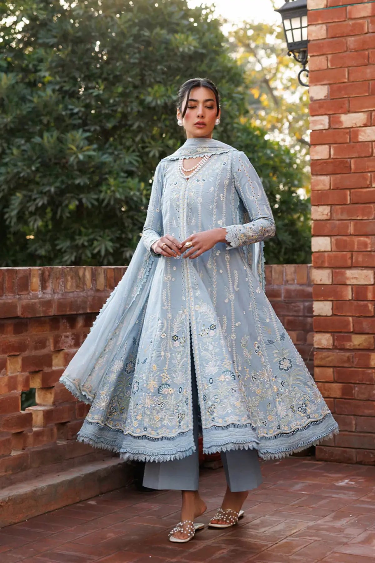 Blissful Dreams Emaan Adeel blue embroidered lawn stitched 3PC suit with chiffon block print dupatta