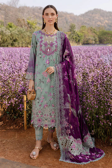 Bloom-02- Purple and Green Embroidered Printed Lawn Suit By- Nureh