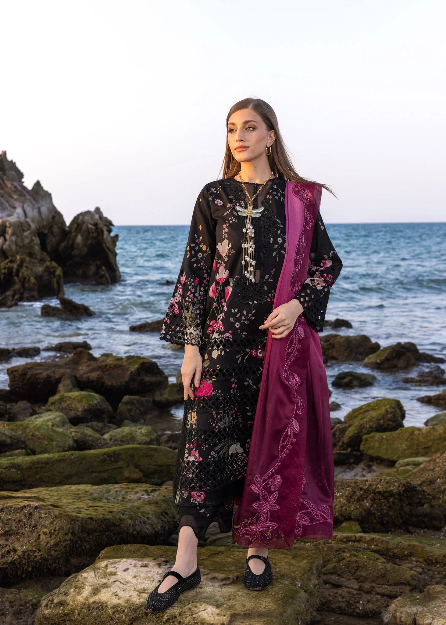 Bloom Bold - D4 B- Midnight Black Embroidered Lawn Outfit By- Crimson