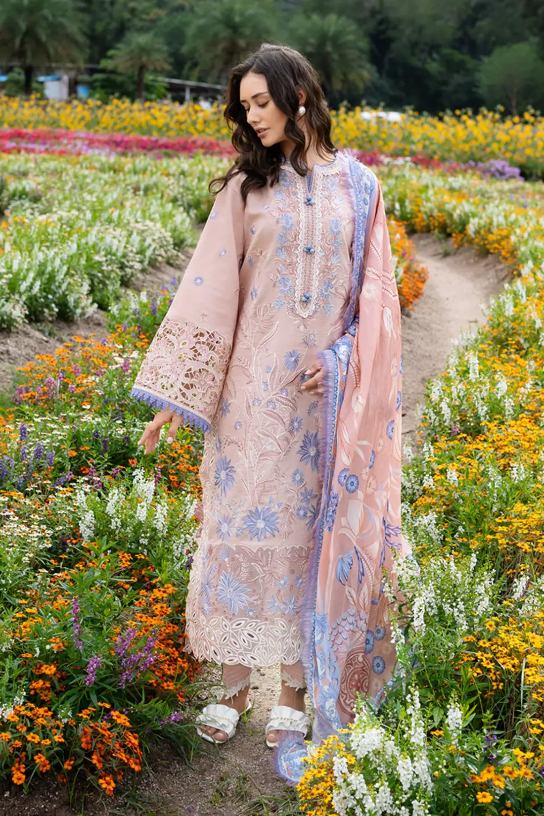Bloom Sonata peach pink Mushq lawn suit with silk dupatta and handmade tassels