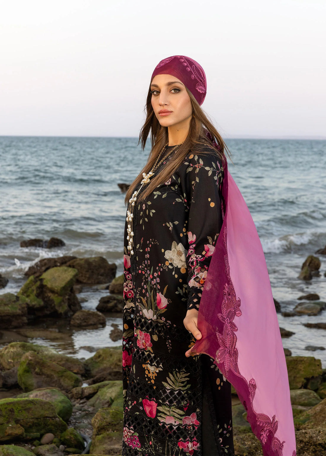 Bloom Bold - D4 B- Midnight Black Embroidered Lawn Outfit By- Crimson