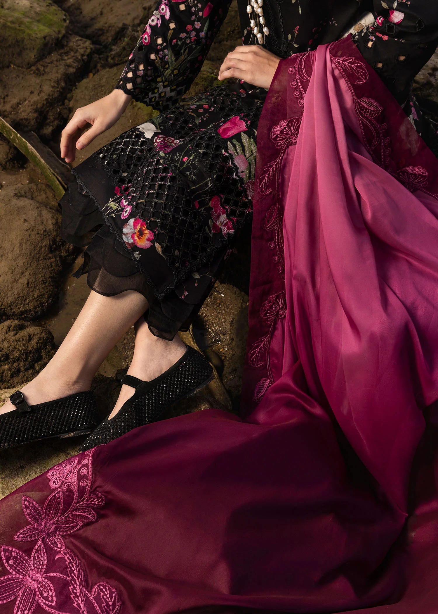 Bloom Bold - D4 B- Midnight Black Embroidered Lawn Outfit By- Crimson