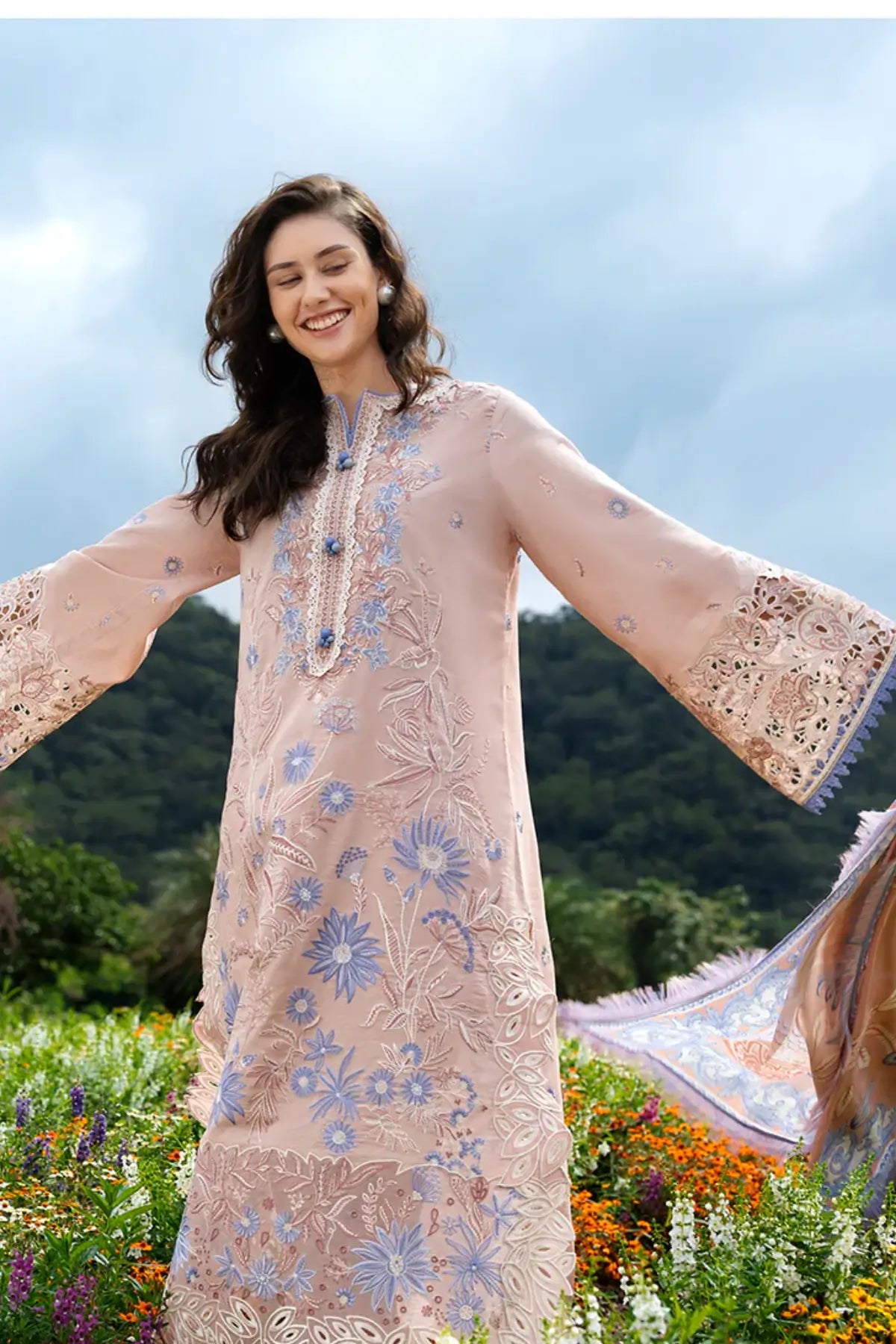 Bloom Sonata peach pink Mushq lawn suit with silk dupatta and handmade tassels