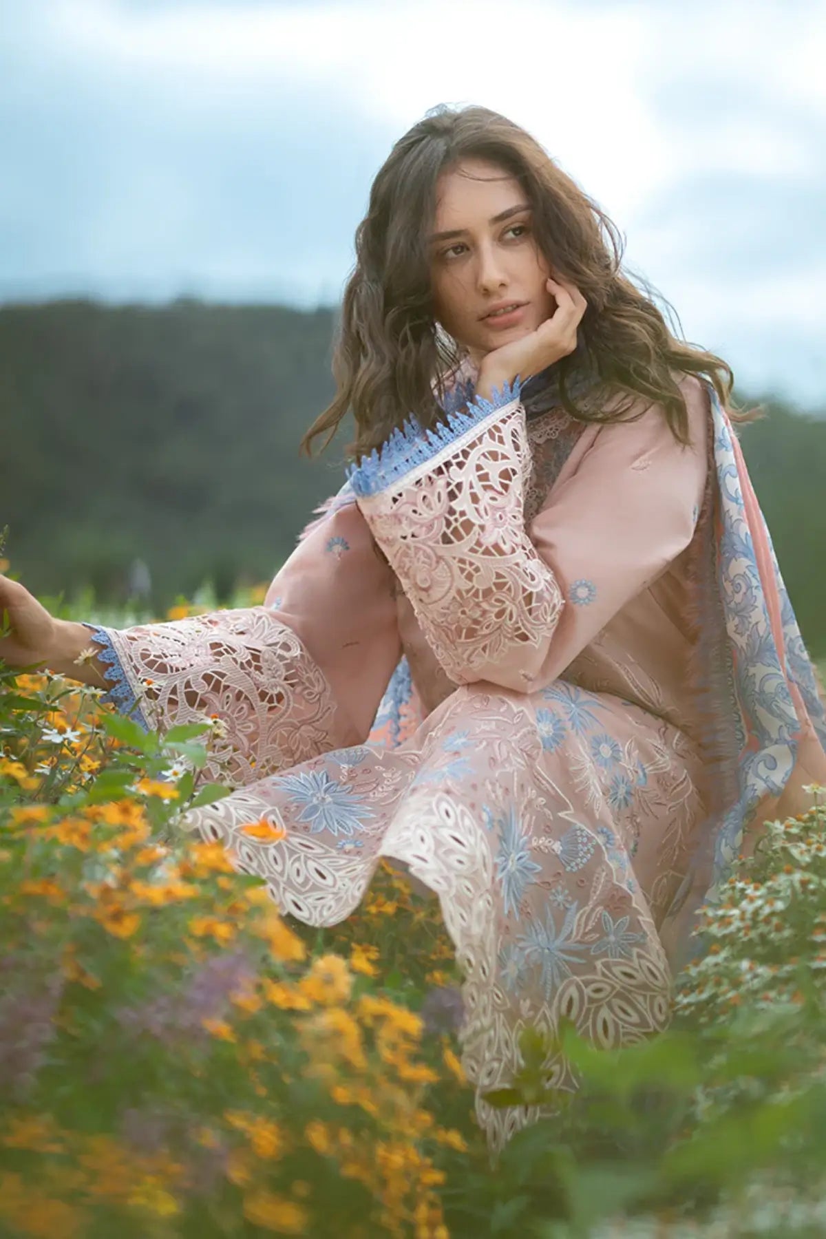 Bloom Sonata peach pink Mushq lawn suit with silk dupatta and handmade tassels