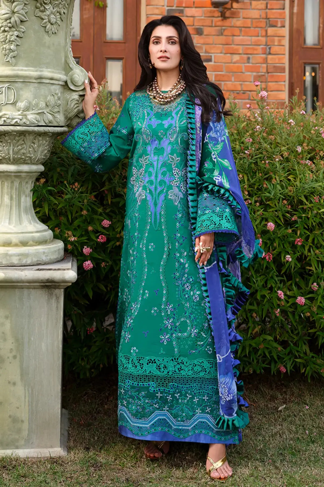 Mushq Blooming Romance green chikan lawn 3PC stitched suit with chiffon dupatta