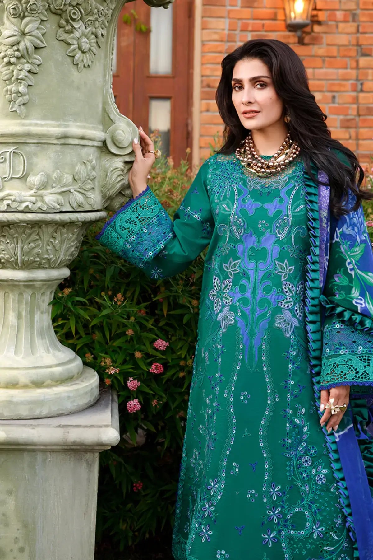 Mushq Blooming Romance green chikan lawn 3PC stitched suit with chiffon dupatta