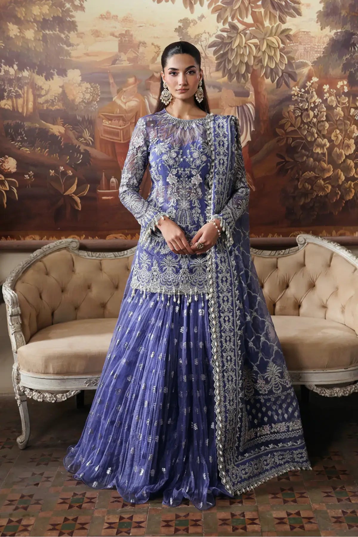 Bloomveil Afrozeh blue organza hand embroidered festive outfit with dupatta available at Pakistanimoda.