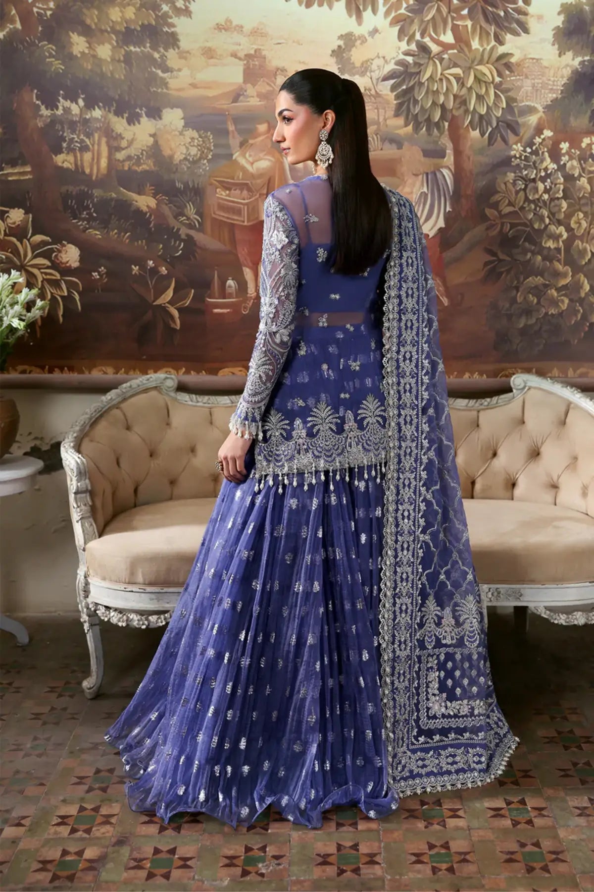 Bloomveil Afrozeh blue organza hand embroidered festive outfit with dupatta available at Pakistanimoda.