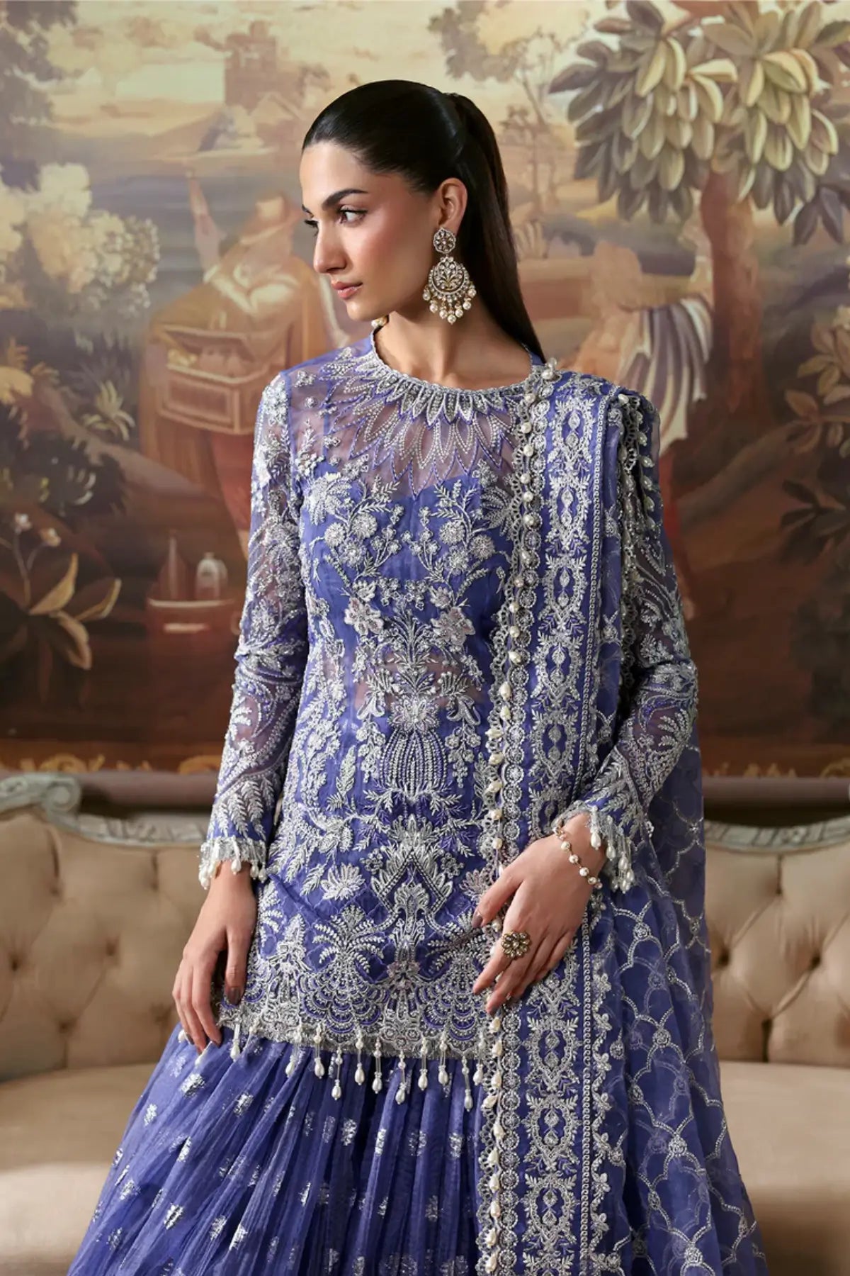 Bloomveil Afrozeh blue organza hand embroidered festive outfit with dupatta available at Pakistanimoda.