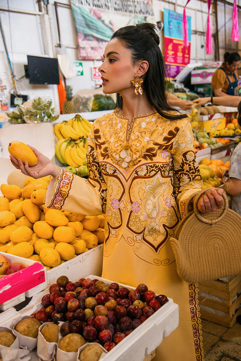 Blossing Almond- Printed mango yellow lawn suit with crochet lace neckline By- Mushq