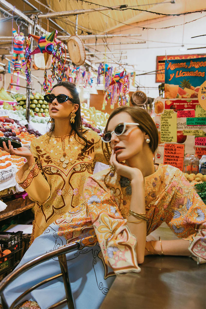 Blossing Almond- Printed mango yellow lawn suit with crochet lace neckline By- Mushq