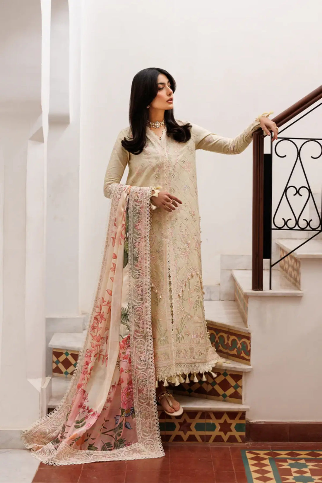 Blossom Bliss Emaan Adeel ivory embroidered lawn suit with printed silk dupatta