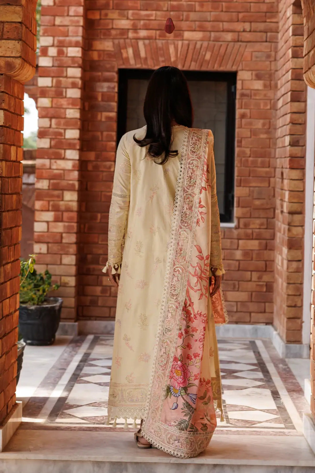 Blossom Bliss Emaan Adeel ivory embroidered lawn suit with printed silk dupatta