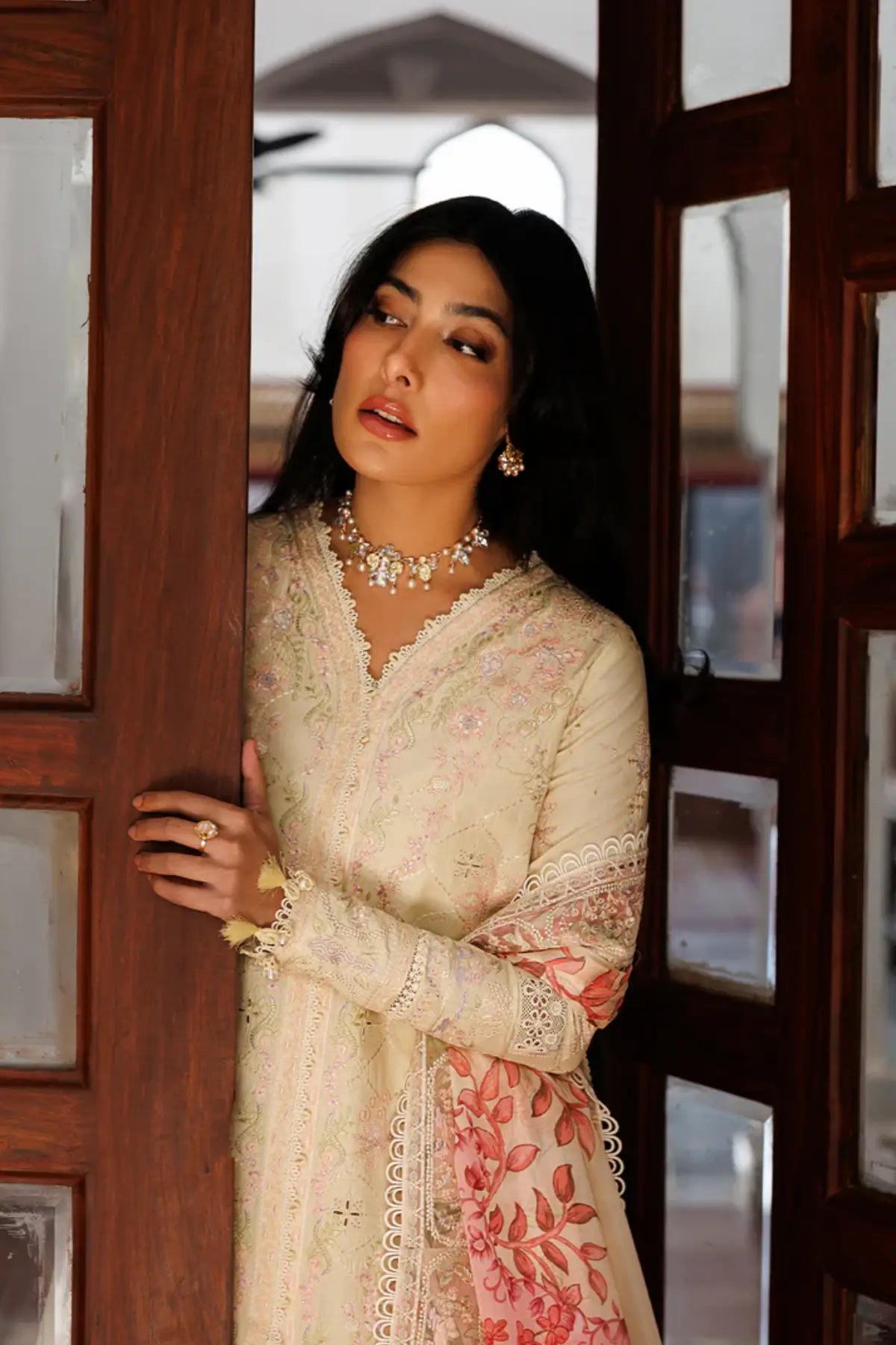 Blossom Bliss Emaan Adeel ivory embroidered lawn suit with printed silk dupatta