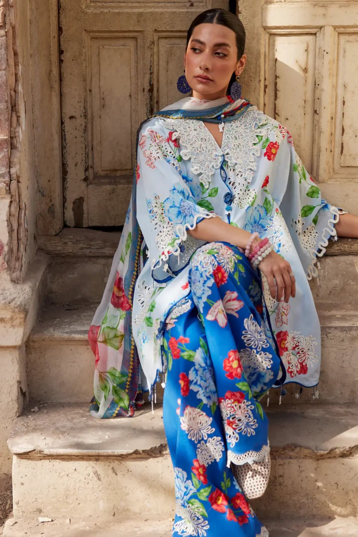 Zaha Blue Poppy ZF26-02 stitched lawn 3PC suit with floral print and chiffon dupatta