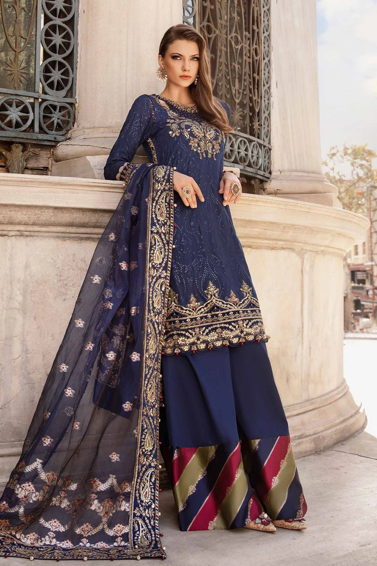 Blue Embroidered Cotton Satin Suit By Maria B