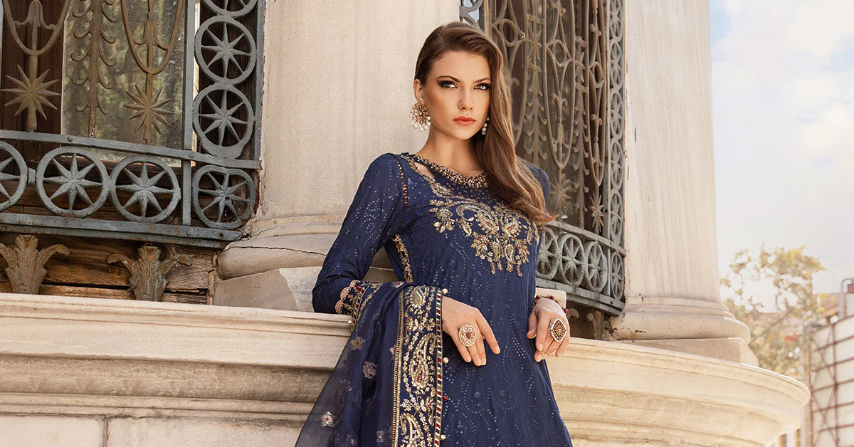 Blue Embroidered Cotton Satin Suit By Maria B
