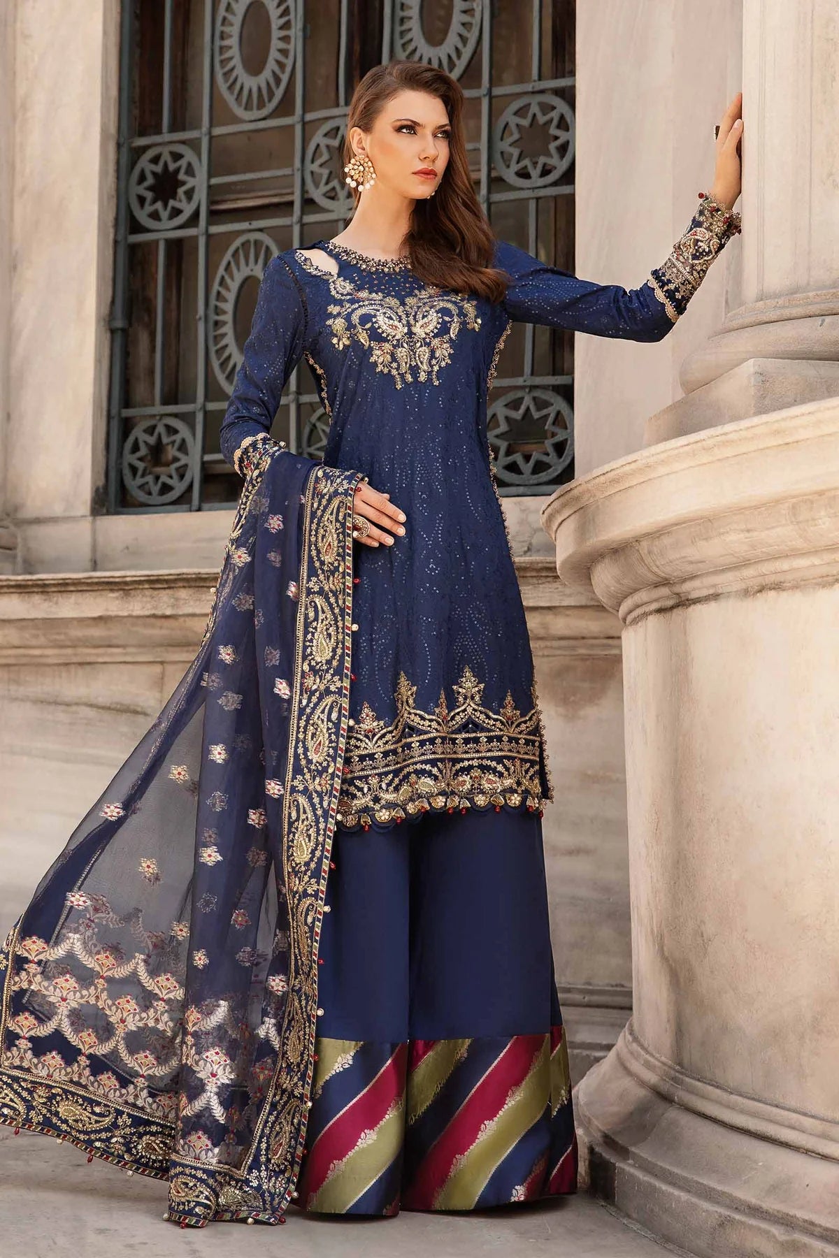 Blue Embroidered Cotton Satin Suit By Maria B