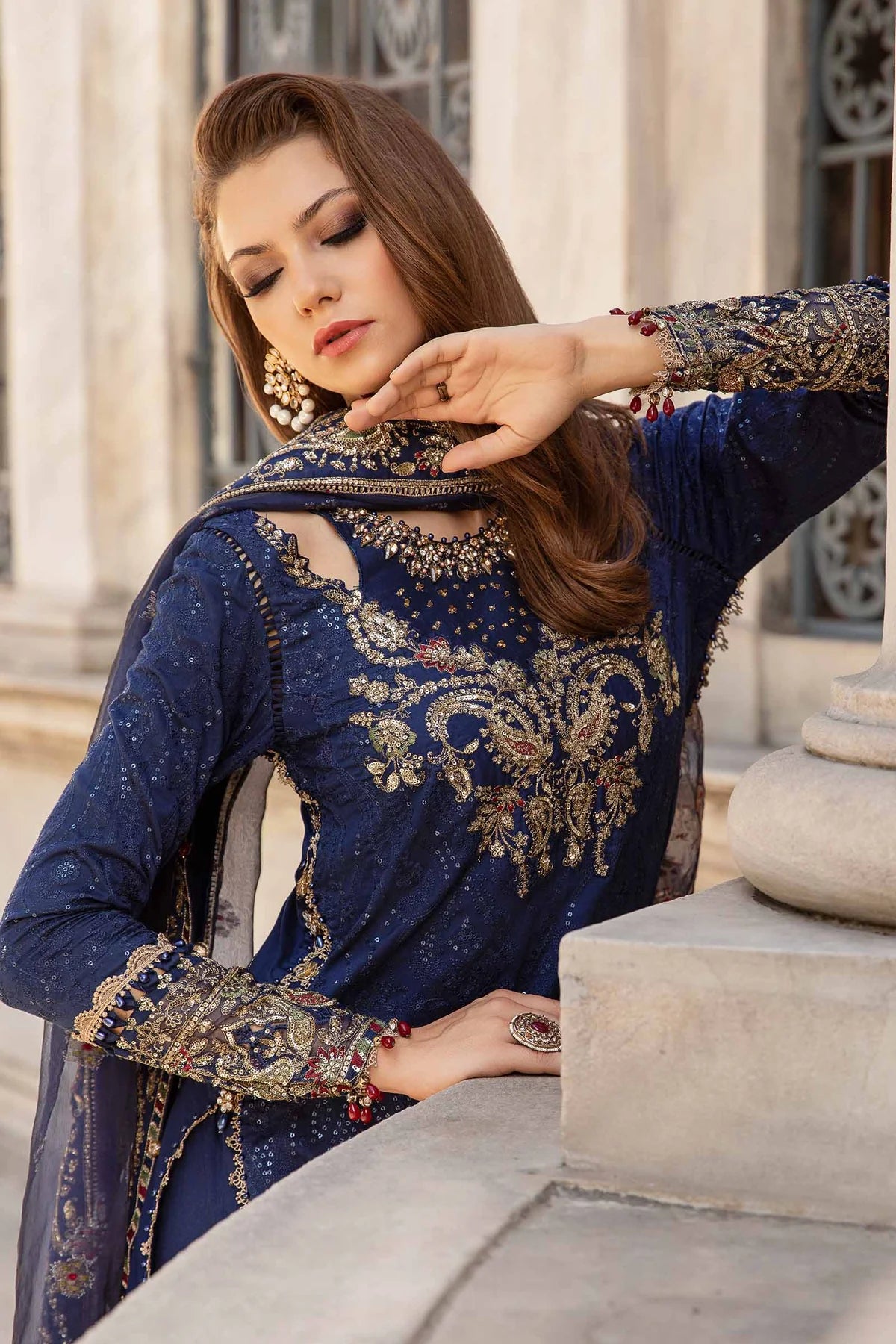 Blue Embroidered Cotton Satin Suit By Maria B