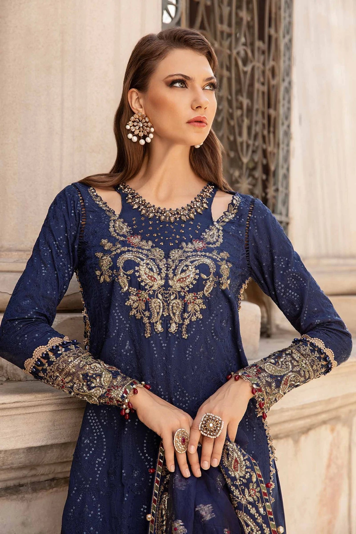 Blue Embroidered Cotton Satin Suit By Maria B
