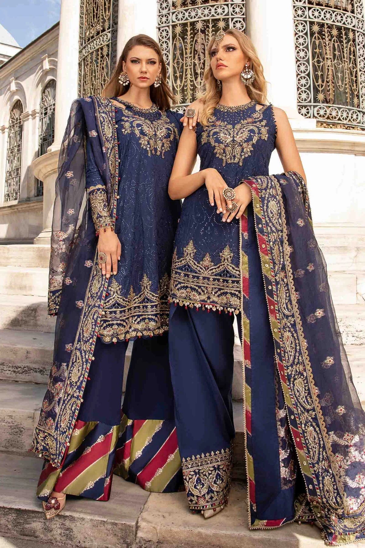 Blue Embroidered Cotton Satin Suit By Maria B