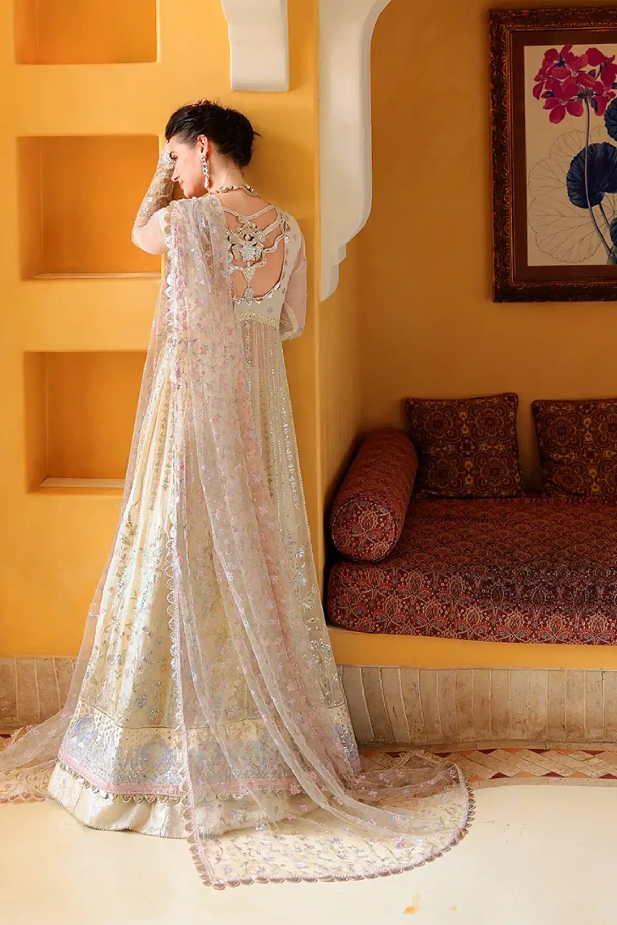 Blush Hour off white hand embellished chiffon wedding stitched dress with jamawar lehenga and foil printed net dupatta