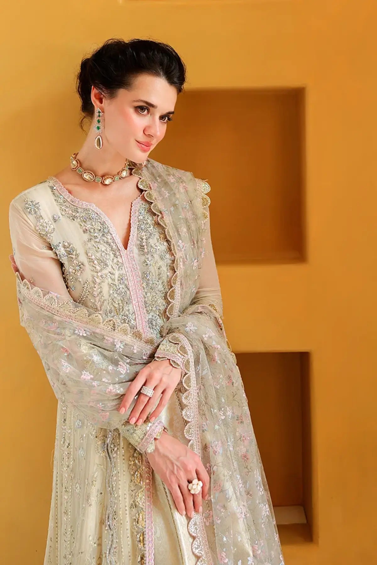 Blush Hour off white hand embellished chiffon wedding stitched dress with jamawar lehenga and foil printed net dupatta
