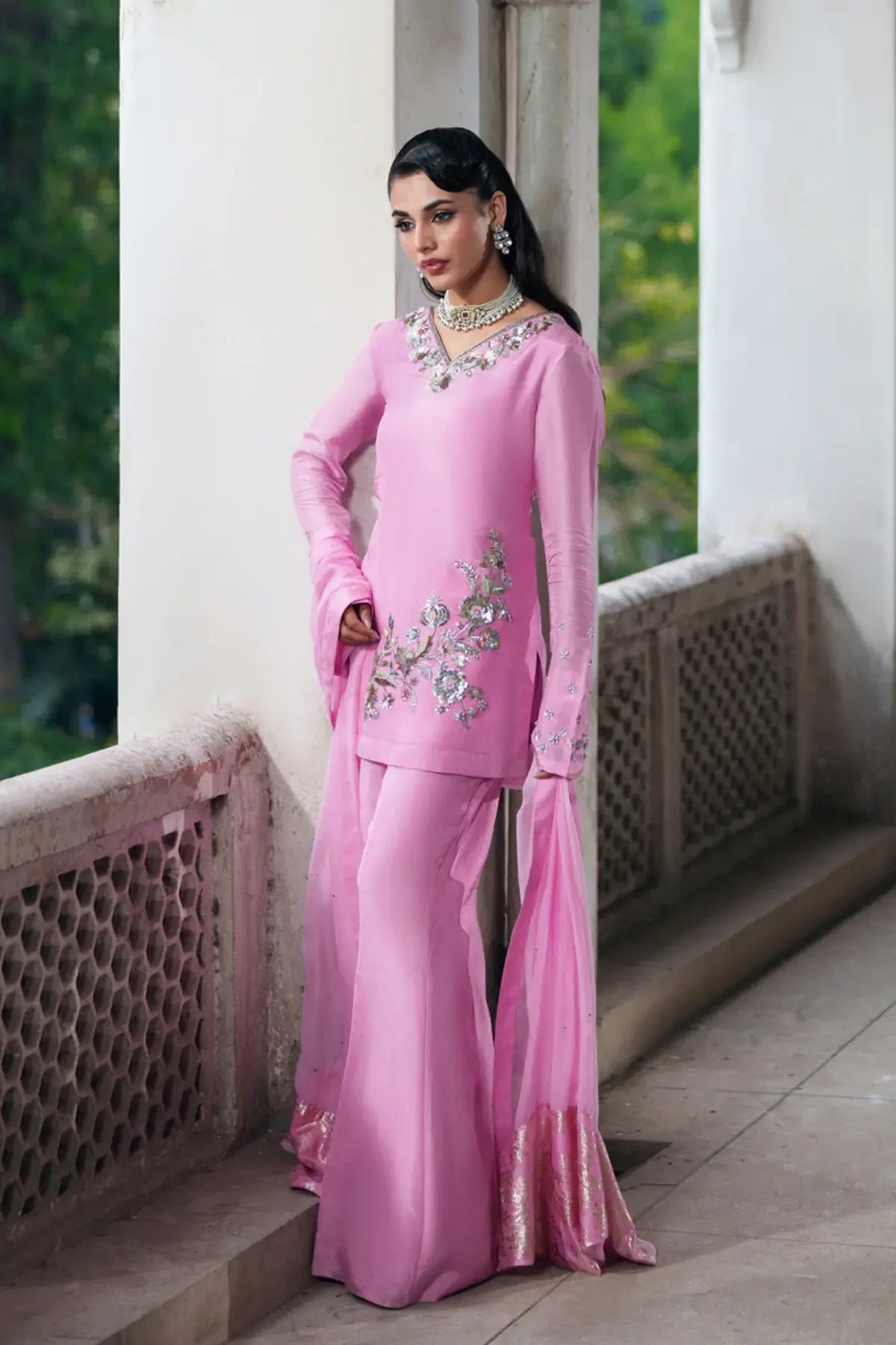 Blush candy pink tussar silk stitched sharara 3PC with chiffon dupatta for party wear Pakistanimoda