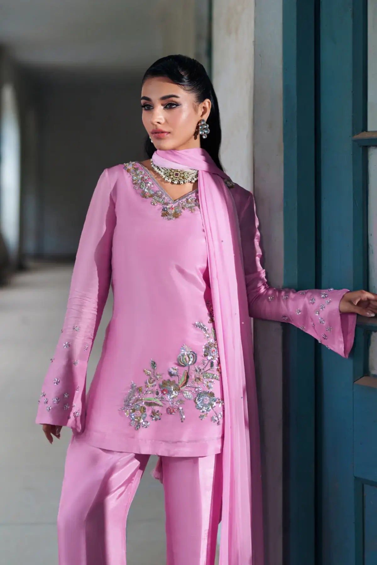Blush candy pink tussar silk stitched sharara 3PC with chiffon dupatta for party wear Pakistanimoda