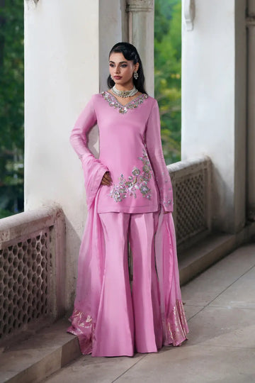Blush candy pink tussar silk stitched sharara 3PC with chiffon dupatta for party wear Pakistanimoda