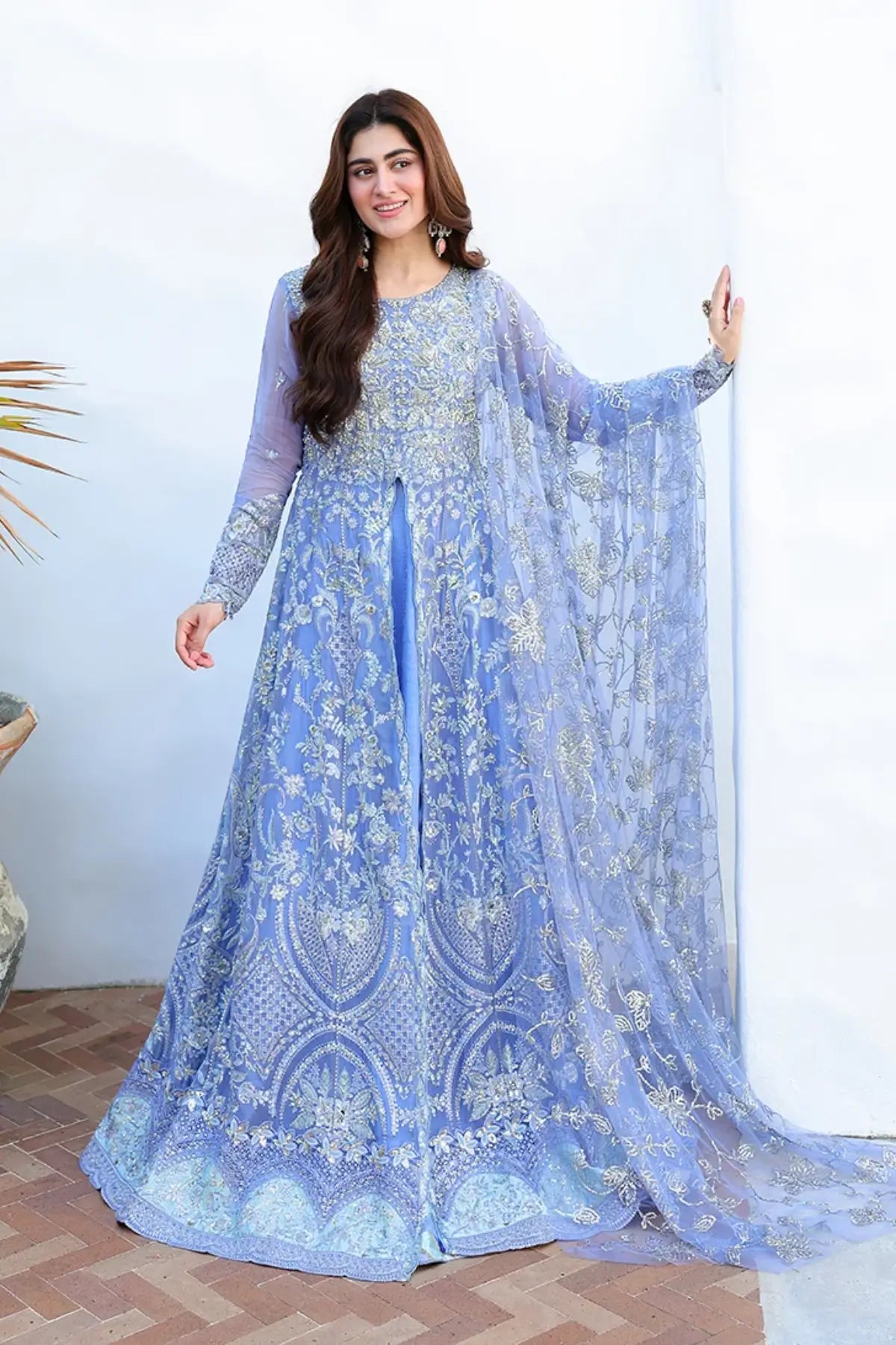 Blushing Bride blue hand embellished embroidered chiffon stitched formal suit with sequinned net dupatta and raw silk trouser