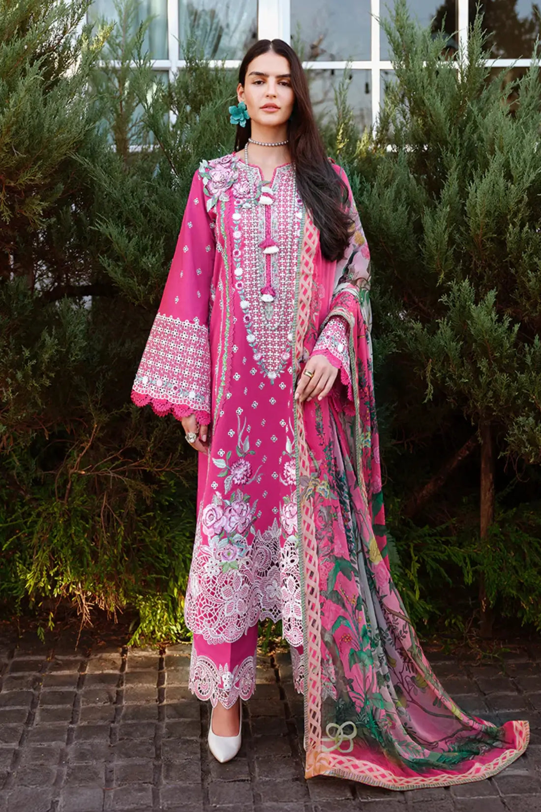 Fuchsia pink Blushing Rose by Mushq Pakistani designer lawn 3PC for festive occasions