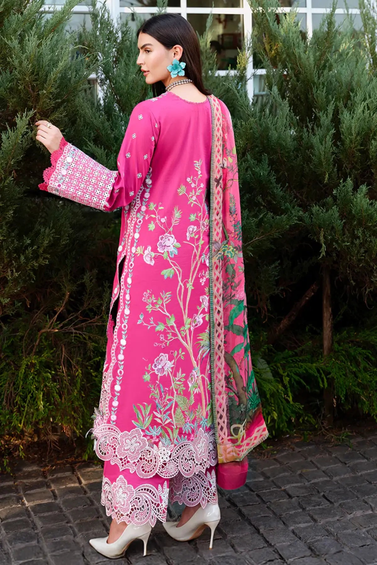 Fuchsia pink Blushing Rose by Mushq Pakistani designer lawn 3PC for festive occasions