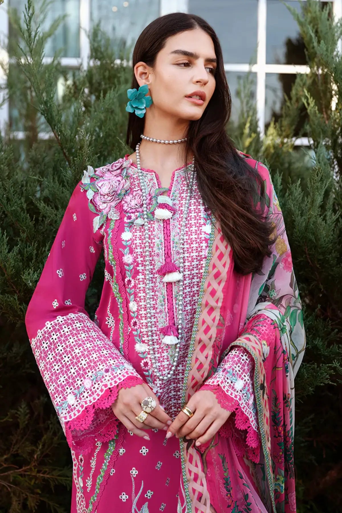 Fuchsia pink Blushing Rose by Mushq Pakistani designer lawn 3PC for festive occasions