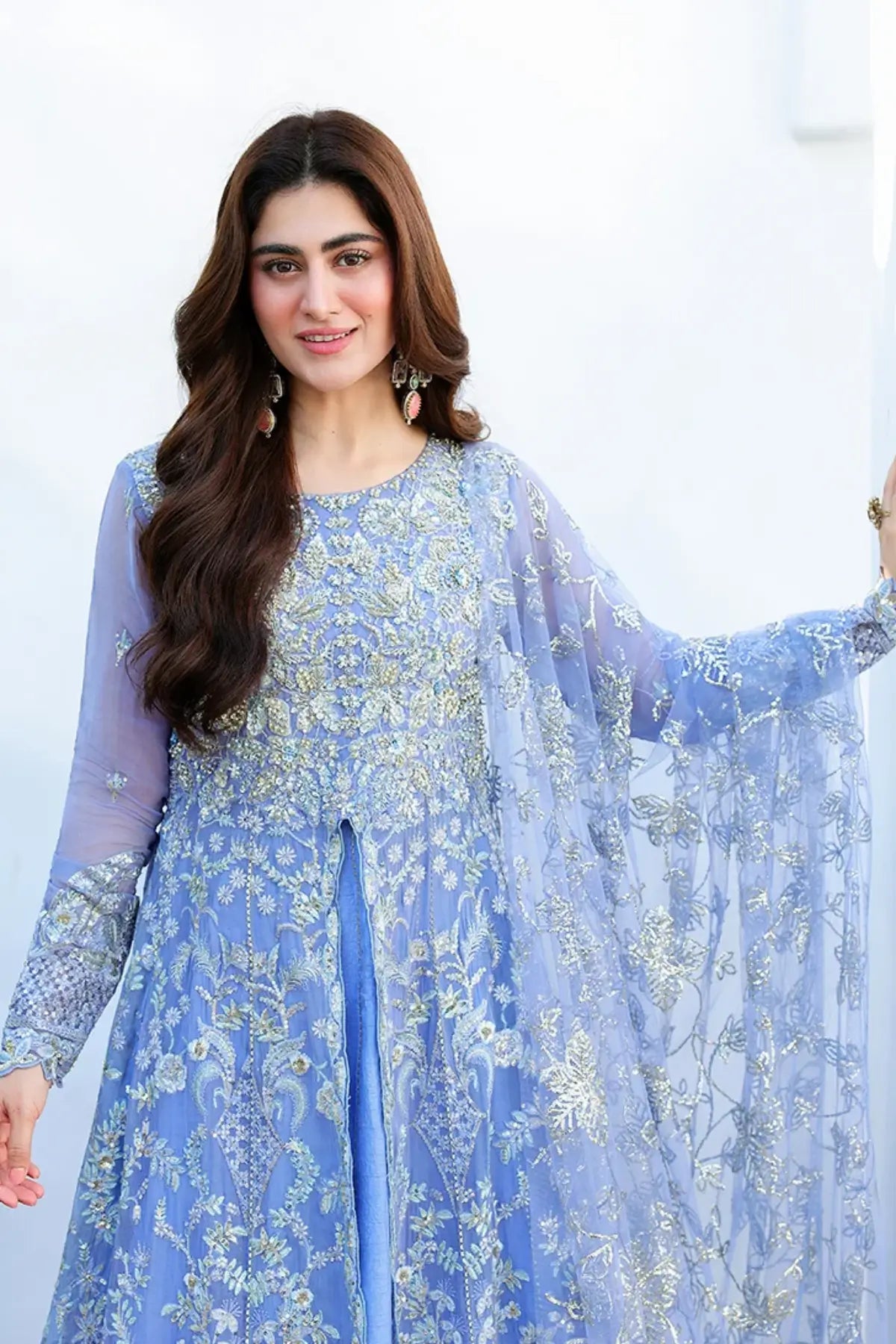 Blushing Bride blue hand embellished embroidered chiffon stitched formal suit with sequinned net dupatta and raw silk trouser