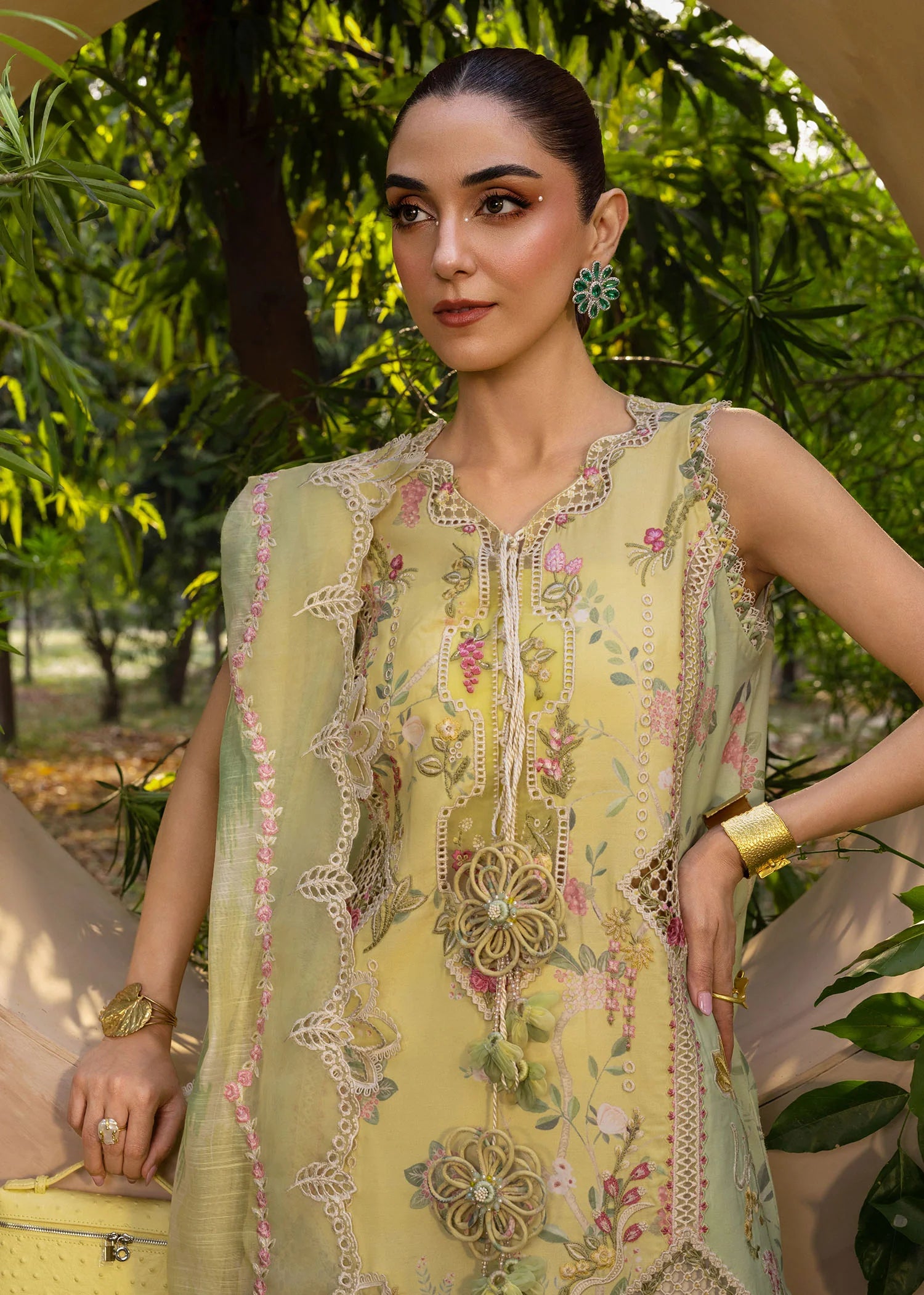Bonjour and Bloom-D4A-Lemon Mint Embroidered Pakistani Dress with Monar Dupatta by Crimson
