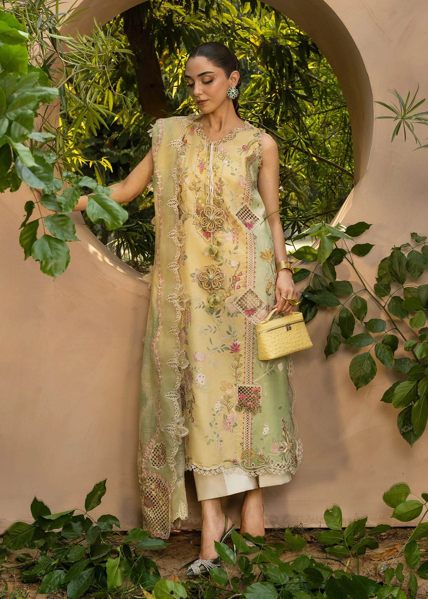 Bonjour and Bloom-D4A-Lemon Mint Embroidered Pakistani Dress with Monar Dupatta by Crimson